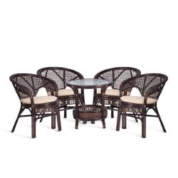 Зона отдыха PELANGI 02/15 ( стол со стеклом + 4 кресла ) [с подушками] ротанг, кресло 65х65х77см, стол диаметр 64х61см, walnut (грецкий орех)