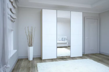 Шкаф-купе трехдверный Прайм 1800 Белое стекло/Зеркало/Белое стекло Дуб сонома