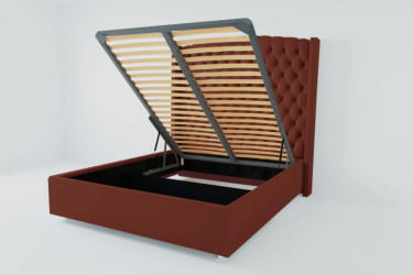 Мягкая интерьерная кровать "Берлин Люкс" с подъемным механизмом Материал фасада: Велюр; Спальное место: 2000х2000 мм; Цвет фасада: Бордо; Цвет корпуса: Бордо 