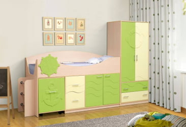 Набор модульной мебели для детской комнаты Юниор -12.1 МДФ глянец Дуб молочный/Синий/Ваниль (копия 204529)