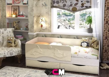 Детская кровать с ящиком для белья Алиса КР 812 Ваниль глянец-Дуб Белфорд