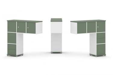 Надставка на стол низкая двухсторонняя + задняя стенка (5 шт.) + блок с 2-мя ящиками (2 шт.) + распашной фасад (3 шт.) CONCEPT CN.DNN-005 Кобо Белый бриллиант Белый металл