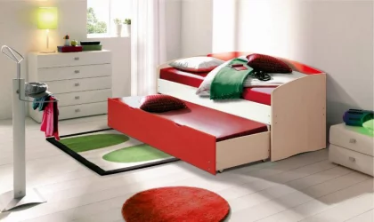 Кровать детская выдвижная Дуб молочный/Синий/Желтый глянец