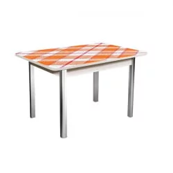 Стол раздвижной 1,55 Победа, СТЕКЛО, опоры полуовал ХРОМ, Беленый дуб/Клетка-1