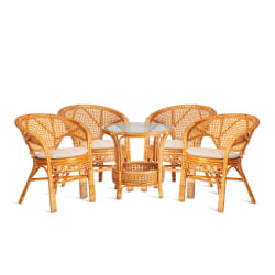 Комплект PELANGI 02/15 ( стол со стеклом + 4 кресла ) [с подушками] ротанг, кресло 65х65х77см, стол диаметр 64х61см, Honey (мед)