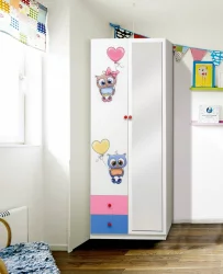 Шкаф 2-х дверный комбинированный с ящиками, зеркалом и фотопечатью Совята 2.2 Белый/Оранжевый/Желтый