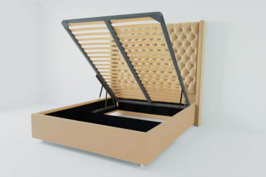 Мягкая интерьерная кровать "Версаль Люкс" с подъемным механизмом Материал фасада: Искусственная кожа; Спальное место: 1200х2000 мм; Цвет фасада: Бежевый; Цвет корпуса: Бежевый 