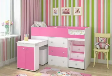 Кровать чердак Малыш Белое дерево/Розовый