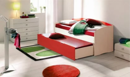 Кровать детская выдвижная Дуб молочный/Красный/Белый матовый
