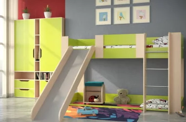 Кровать-чердак №6 с горкой и игровой зоной Дуб молочный/Лайм