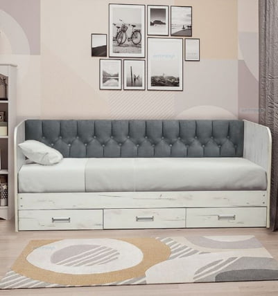 Кровать с продольной мягкой спинкой Софа №14 (800х2000) Дуб Крафт белый Велюр 112_0