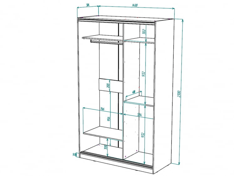 Шкаф-купе 2-х дверный Виктория 1400х584х2300, Белый 14ДЗЗЗДЗЗЗ-Б 310-44_2